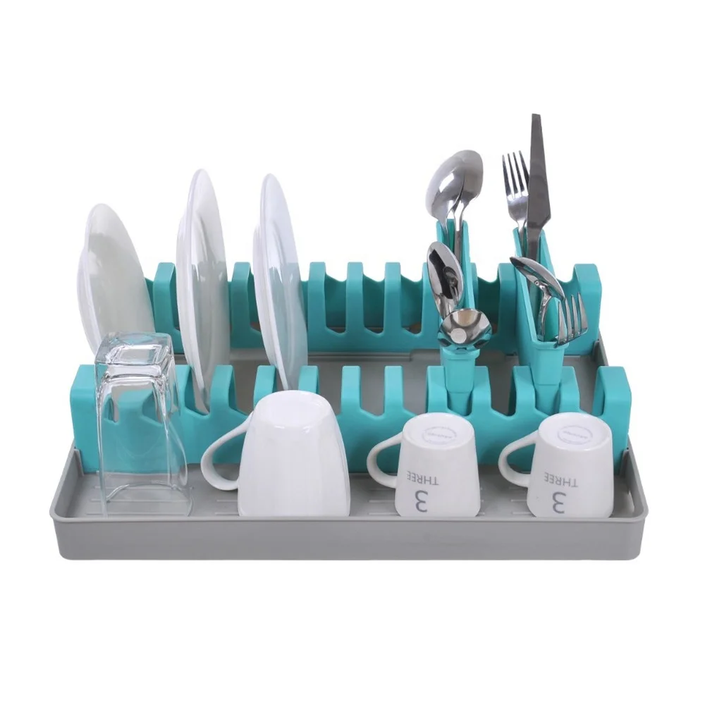 Sky Blue Plastic Dish Drainer - Plate Drying Rack with Cutlery Holder