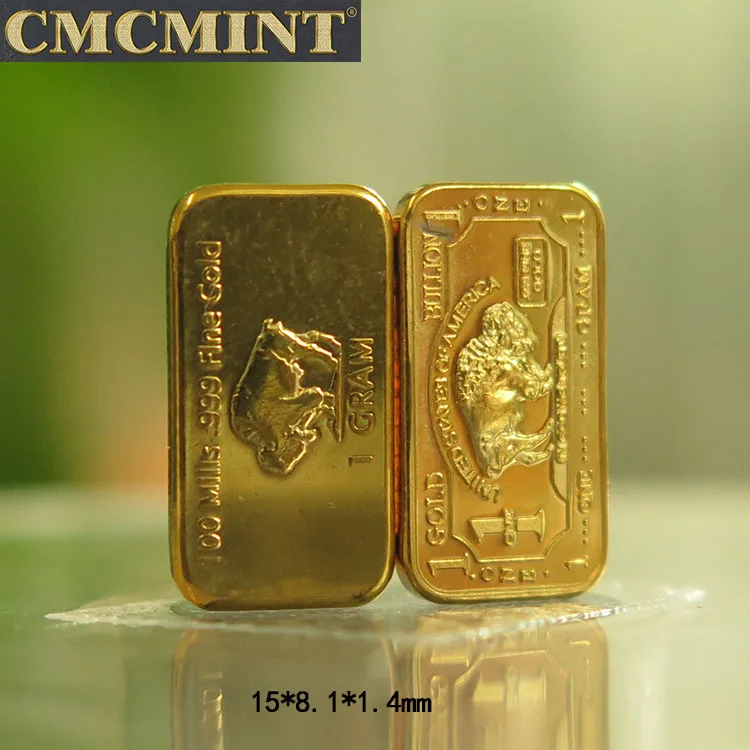 1 Gram .100 Mils Gold Plated Brass Buffalo Bars Clad Bullion With Plastic case Packing