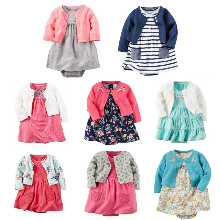 стиль 2 шт. Детские боди комплекты одежды кардиган 100% хлопковое платье для маленьких девочек