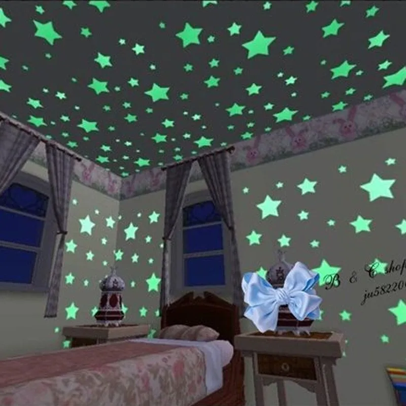 100pcs Glow In The Dark 3D Colored Stars Sticker Decal Home Room Wall Decoration 