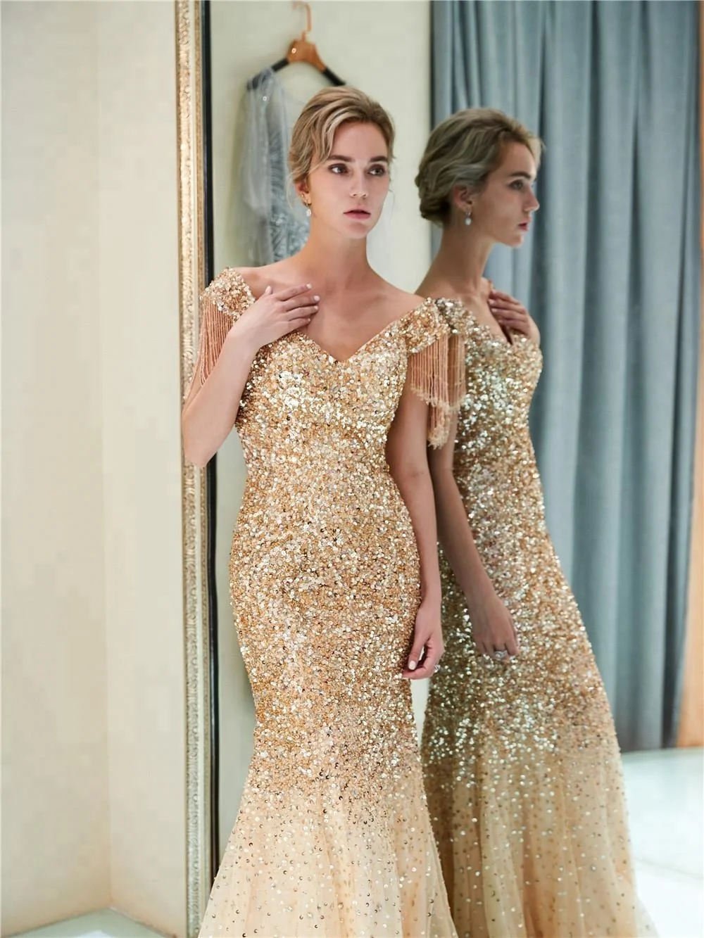 strapless open back dress Peach Embellished Jacket Style Indian Party Dress