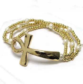 Factory price cross bar bangles metal pearl beads stretch hammerd ankh cross bracelet