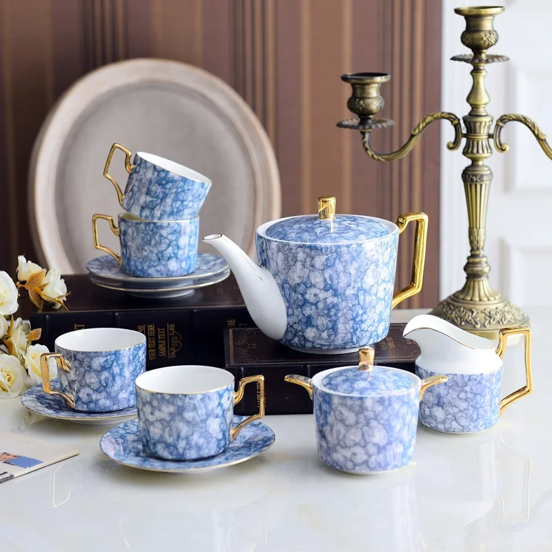 blue ceramic tea set