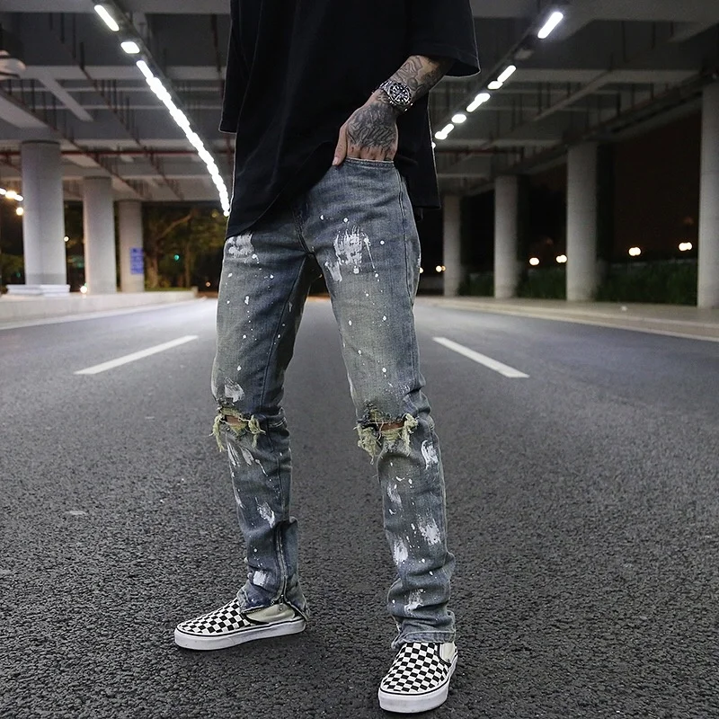 Wholesale OEM FOG stock dropshipping skinny ripped Rips zipper blue paint jeans m.alibaba.com