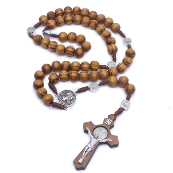 Catholic pine wood Rosary Necklace with handmade Cross and benedict connecting beads