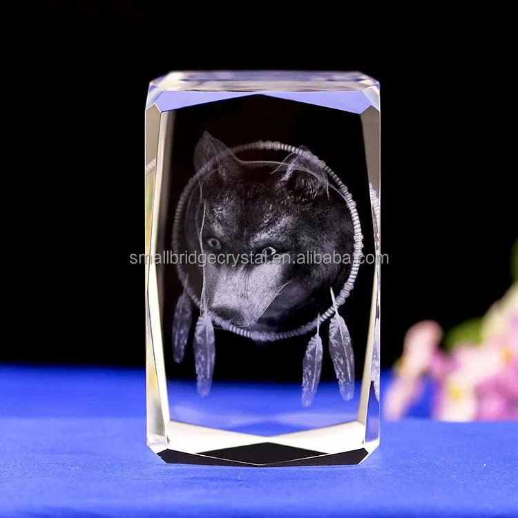 Νέος σχεδιασμός προσαρμοσμένος 3d Engraving Crystal Wolf Head γυάλινο μπλοκ