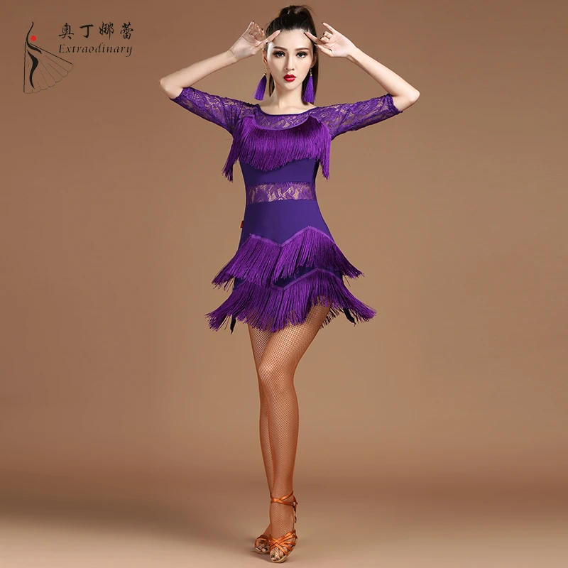 Latin Salsa Cha Cha Ballroom Rumba Dance Dress Adult Lady Tassel Dancewear N4-7