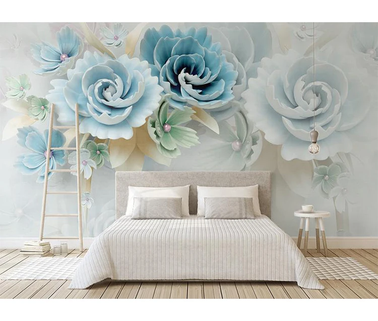 House Decoration 3d Wallpaper Embossed Flowers Wall Stickers Blue Fresh Tv  Background Vinyl Wall Mural - Buy 3d Wallpaper Home Decoration,3d Wall  Paper,Vinyl Wallpaper Product on 