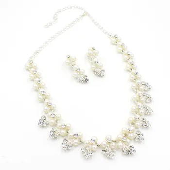 Wedding Necklaces Pendants Bridal For Women with White Simulated Pearl Beads Jewelry Set