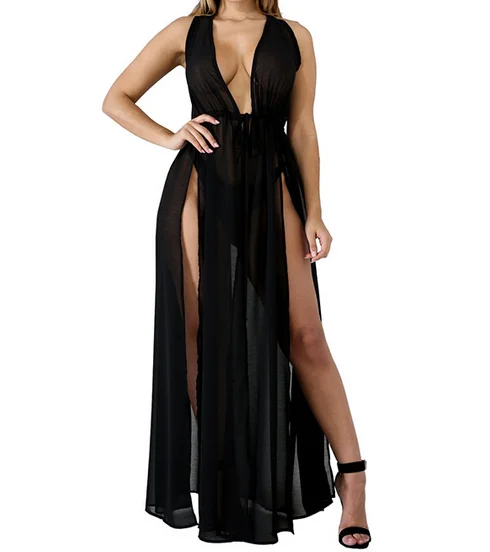 See Through High Split Deep v Neck Transparent Maxi Dresses for Beach