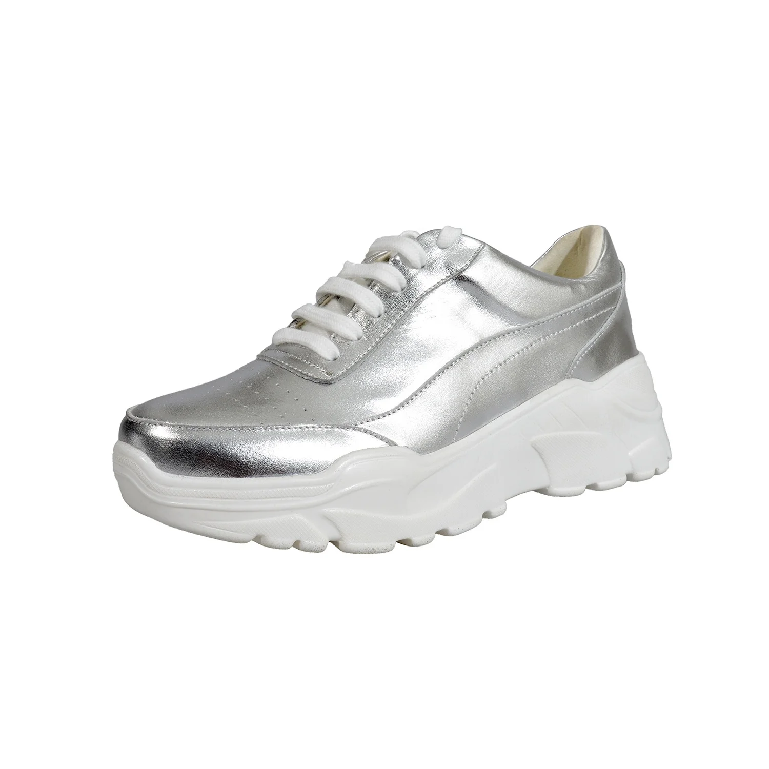 Женские кроссовки MANRINO-0374 удобные на шнуровке с толстой резиновой подошвой металлик серебристые кожаные женские спортивные