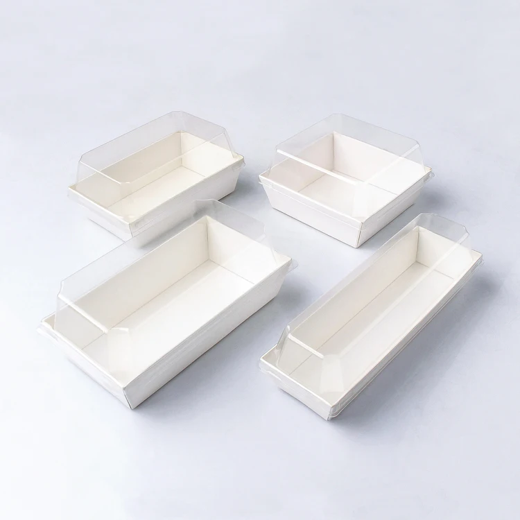 Packing Boxes White/ Kraft Tray Square Bread Paper with Plastic Lid Bakest Disposable Paperboard White Cardboard Food Tray