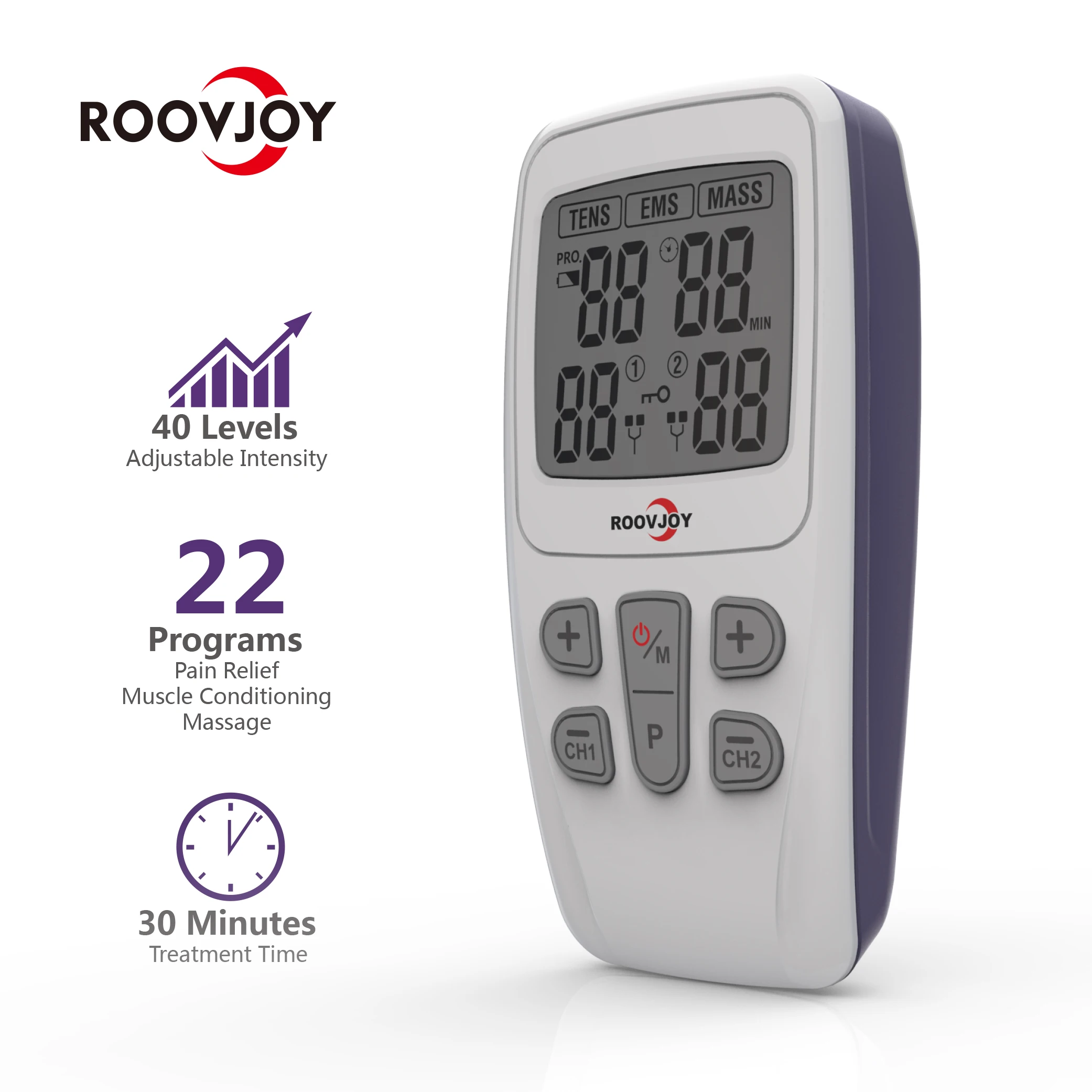 ROOVJOY TENS 2 Channel 3 in 1 Tens Unit EMS Muscle Stimulator for Back Pain Relief Massager and Muscle Stimulation