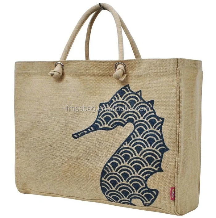 Bolso de mano de yute con estampado de caballo de mar|