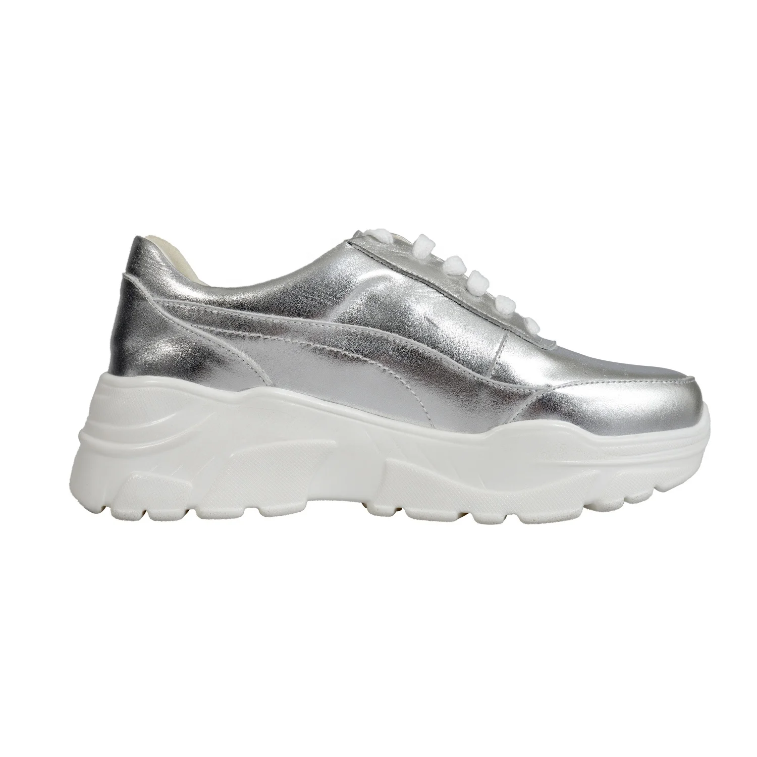 Женские кроссовки MANRINO-0374 удобные на шнуровке с толстой резиновой подошвой металлик серебристые кожаные женские спортивные