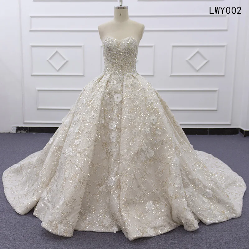 Eslieb LWY002 Real Photo New Style champagne Crystal Bead Chapel Train 3d Flower Lace Ball Gown Wedding Dress