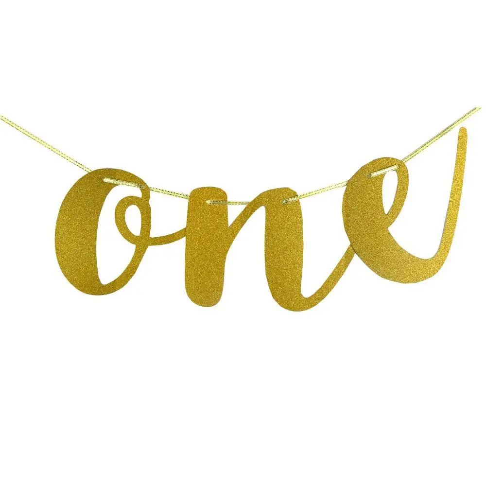 Gold ONE Banner First Birthday 1st Baby Party Decoration High Chair Glitter 