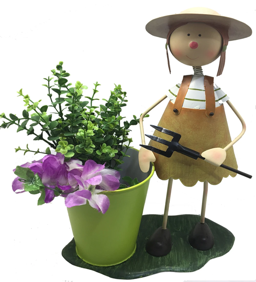 metal boy and girl Flower Planter Pot with bucket GIRL