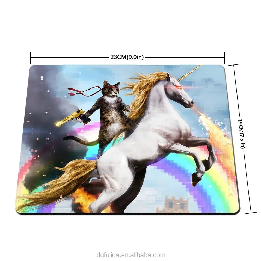 Cool Unique Desgin Funy Cute Cat Mounted on a Unicorn Horse with Gun Computer Gaming Mouse Pads