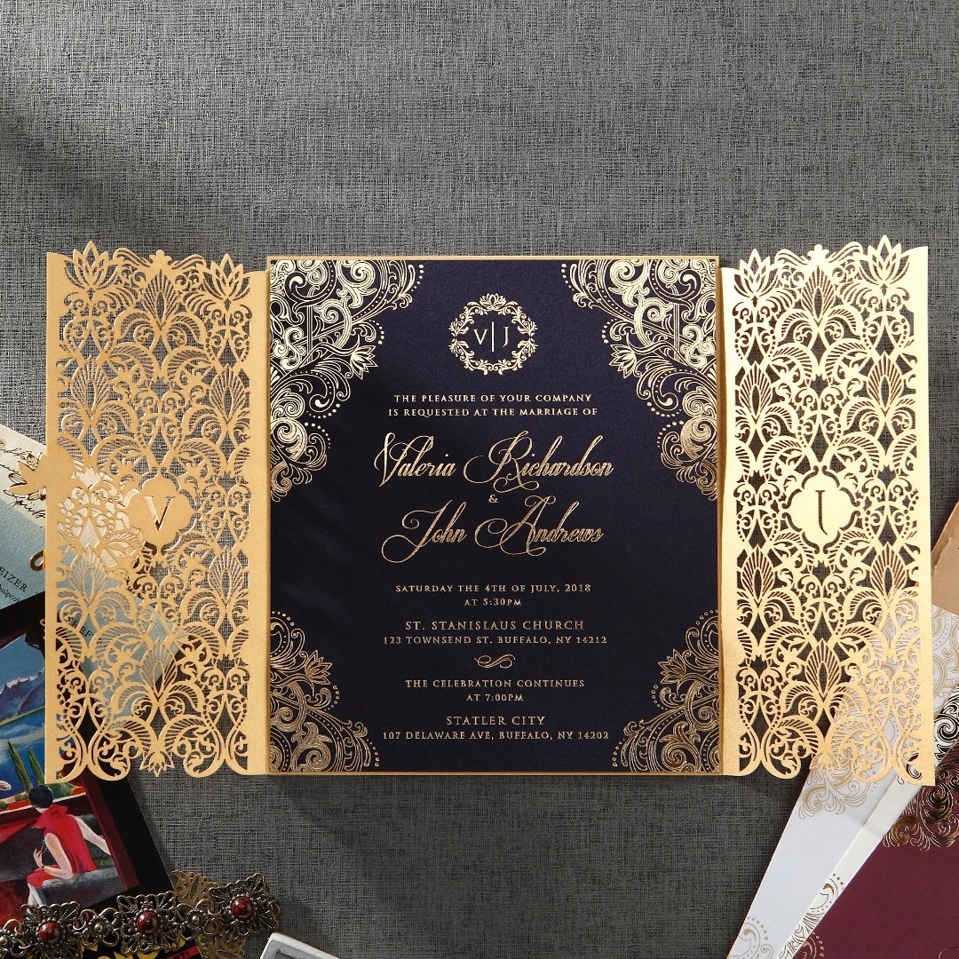 Source Invitaciones de boda elegantes de oro real, color azul, corte láser de lujo, precio on m.alibaba.com