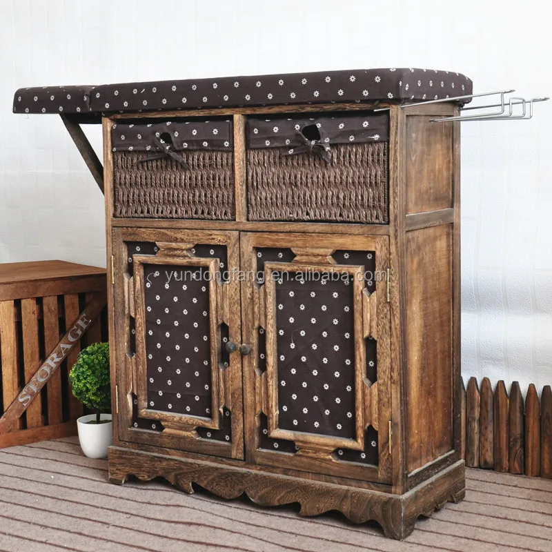 Popular Foldable Ironing Board Solid Wood Cabinet Folding Top Center Rattan Storage Basket