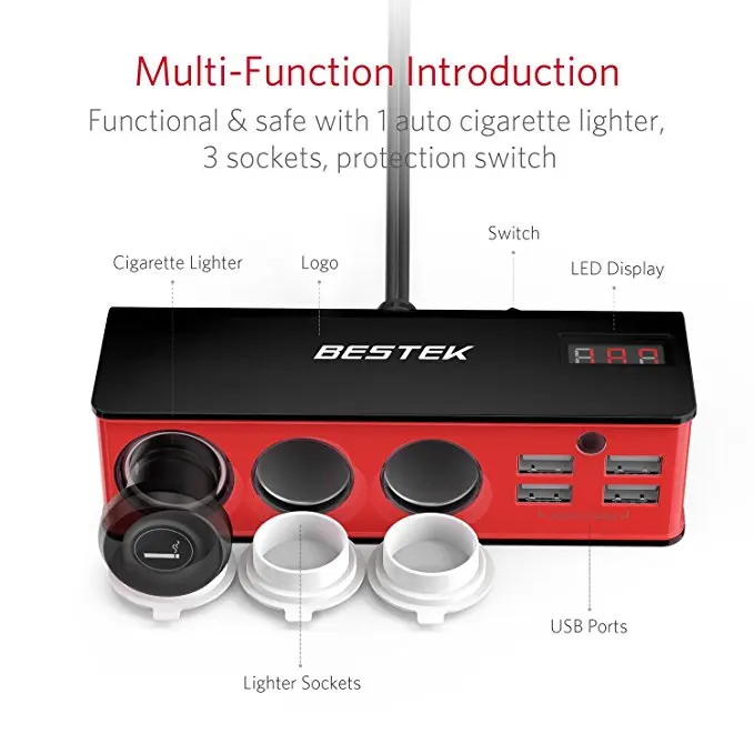 bestek cigarette lighter adapter 12V 24V Extension Cord Plug Socket with Battery Clamp, 3.9ft/1.2m 16AWG Battery Clip-On Car : Automotive enough to use a variety of appliances in your vehicle BESTEK Cigarette Lighter Splitter Adapter: