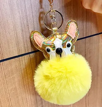 Fluffy Fur Ball French Bulldog Pompom Key Chain Leather Dog