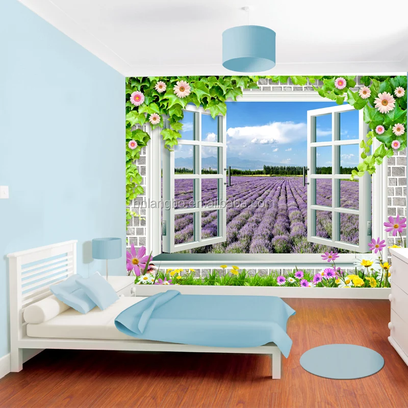窓の壁紙の外の3d風景壁画紫ラベンダー青と白の偽の窓牧歌的な壁紙 Buy 風景壁紙 紫ラベンダー壁画 牧歌壁紙 Product On Alibaba Com