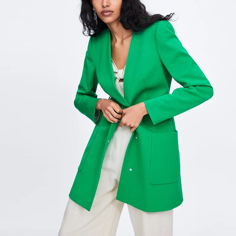 2020 New Arrival Green V Neck  Belt Frock  Blazer Women Office Ladies