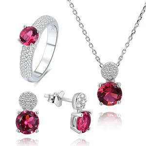 POLIVA Women's Solid 925 Sterling Silver Jewelry Set Red Ruby Zircon Earring Necklace Ring for Wedding Wholesale Import GDTC