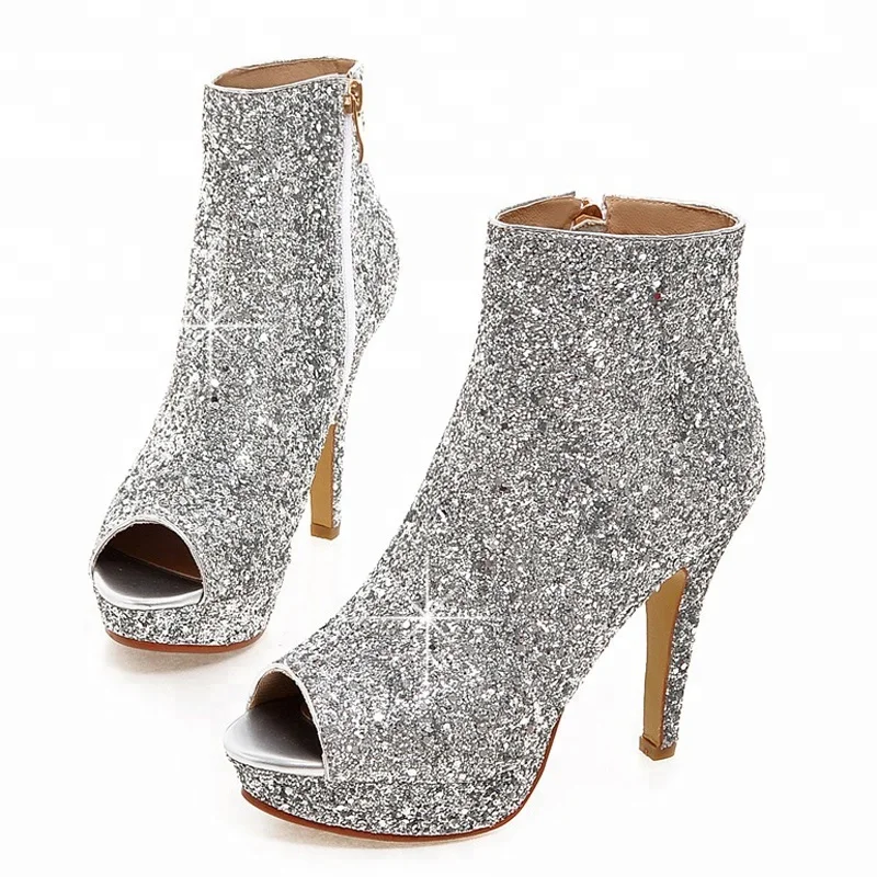 Summer Sparkle Glitter Heeled Ankle Boots Women's Shoes Open Toe Heeled Black Gold White Sandal Ankle Boots