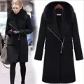 Europe Women Woollen Overcoat Fashion Inclined Zipper Woolen Cloth Coat Heavy Hair Collar Warm Black Coat