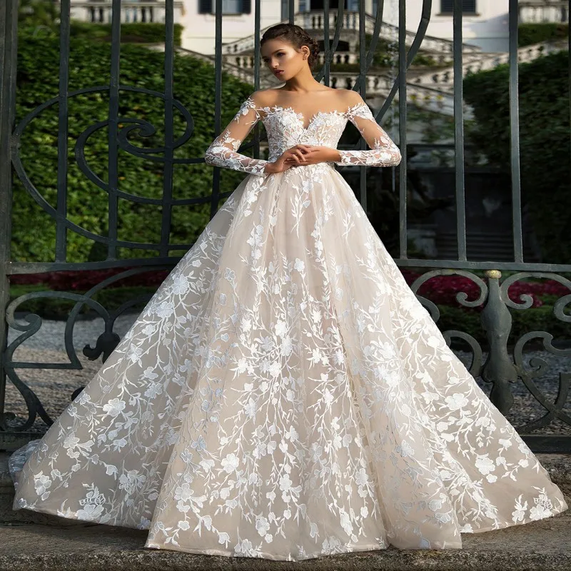 2020 Lace Long Sleeve Wedding Dress - Open Back A Line