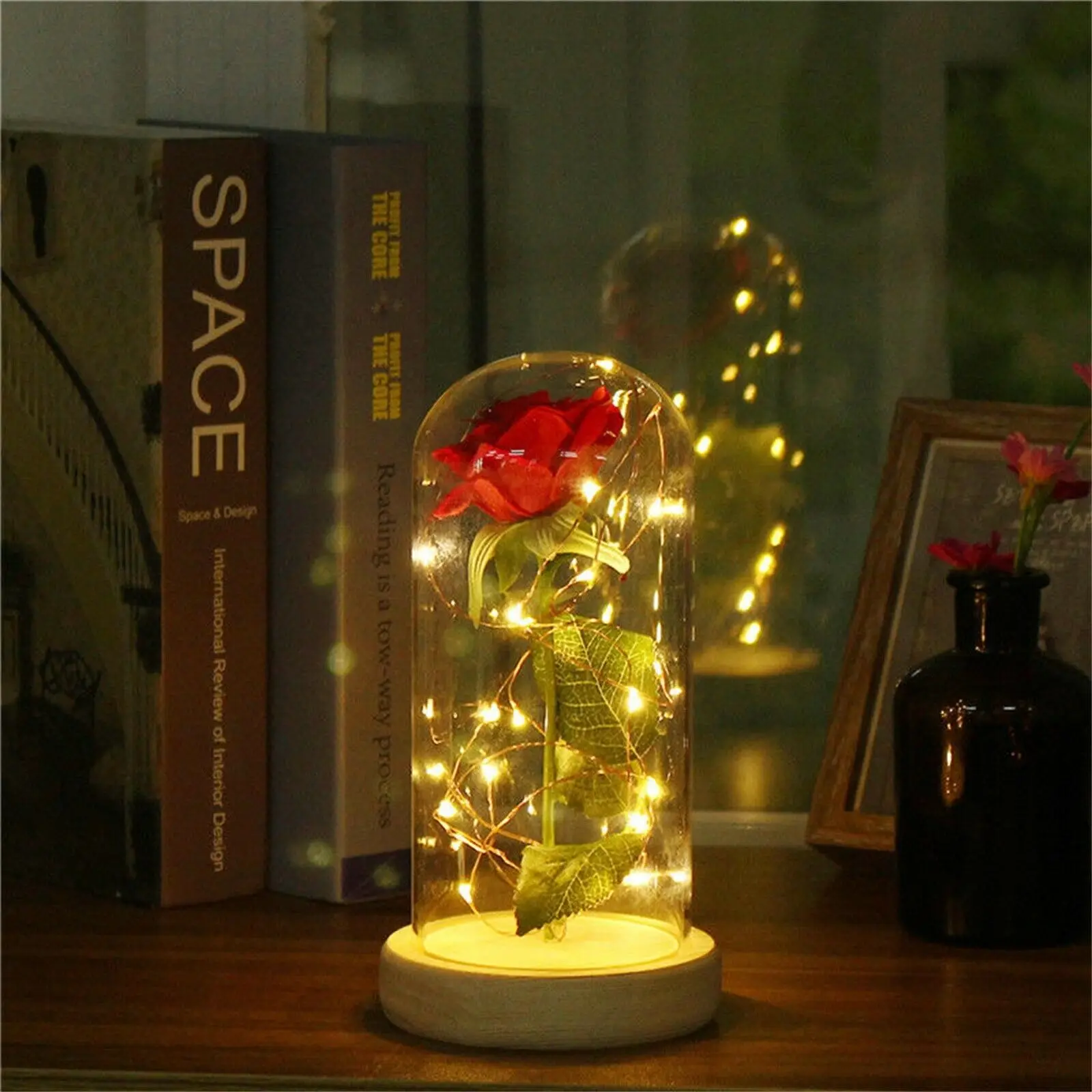 Romantic Valentine Gift Decor Glass Rose Bottle with Warm White LED String Light Night Lamp