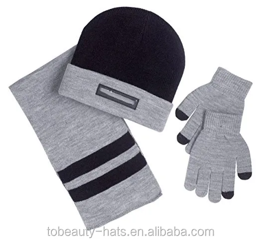Custom top quality fashion winter striped touch screen gloves scarf hat knitted set