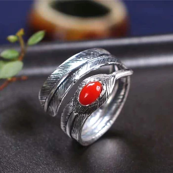 Tibetan handmade silver natural Japanese red coral ring for women feather shape design your own championship ring