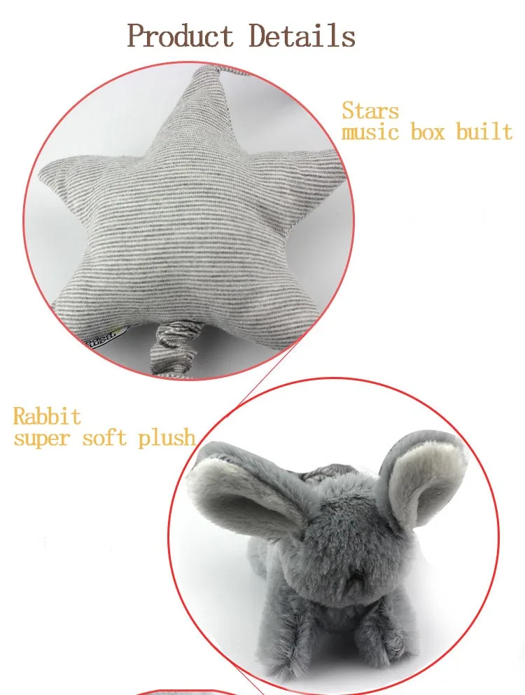 M013A Gray Star Rabbit Soft Plush Pull String Musical Baby Toy
