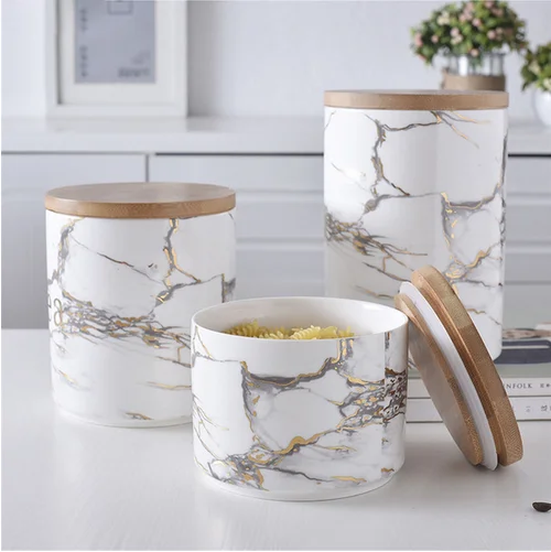 FENN marble pattern tea coffee sugar white storage jars / ceramic food storage jar with wooden lid for home and kitchen