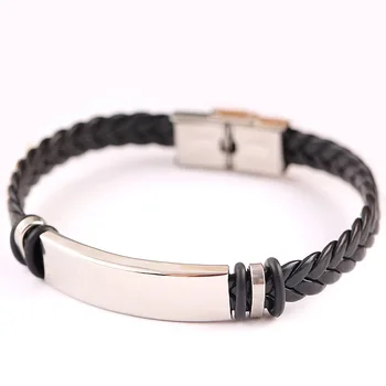 Custom Fashion Braided Wristband Bangle Leather Stainless Steel Bracelet Man and Woman Lettering Engraved Logo Whole