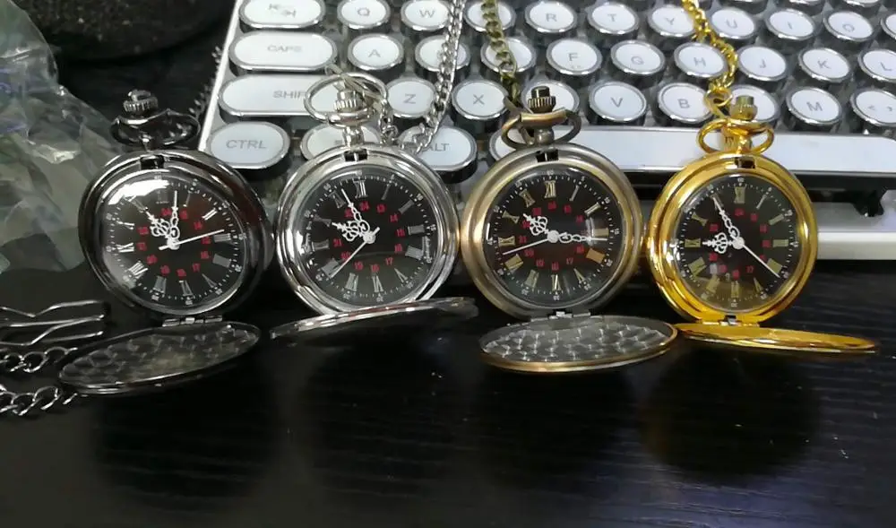 Smooth Bright Retro Two Faced Black Necklace Roman Silver Pocket Watches