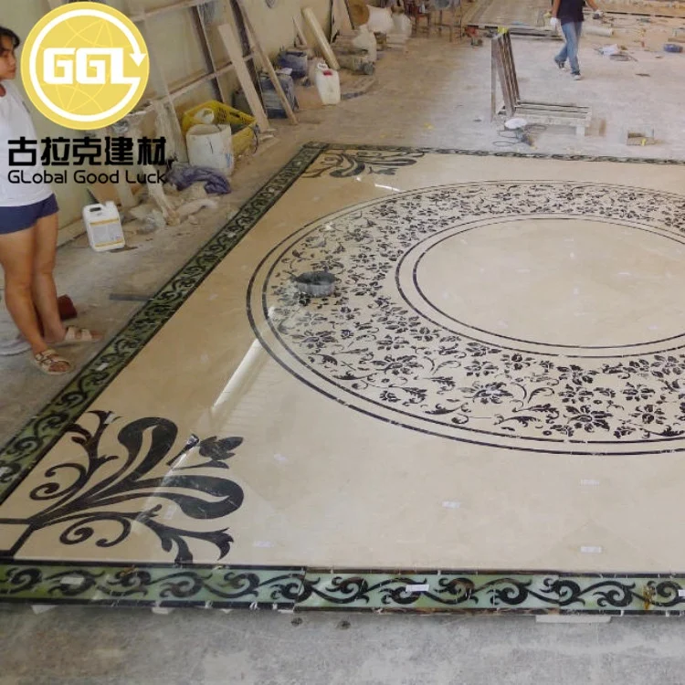 Fashion Lobby Cream Marfil Marble Waterjet Medallion Marble Flooring Design For Hotel