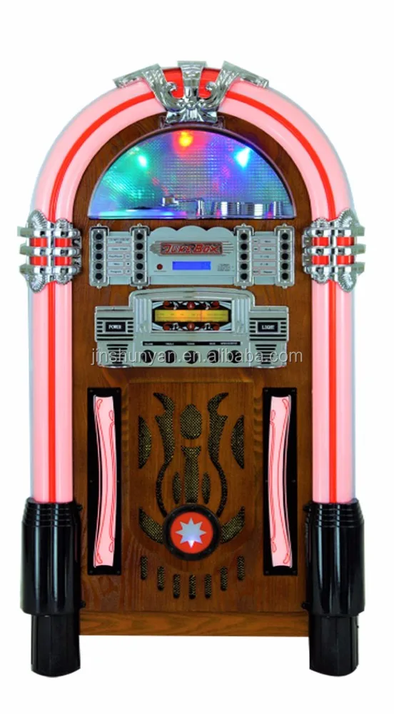 Retro Jukebox Machine CD Player FM Radio Wooden Speakers Remote Control BT LED 