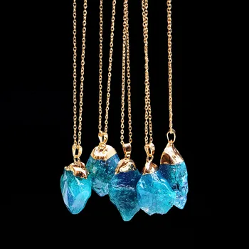 Natural blue crystal quartz stone pendant necklace