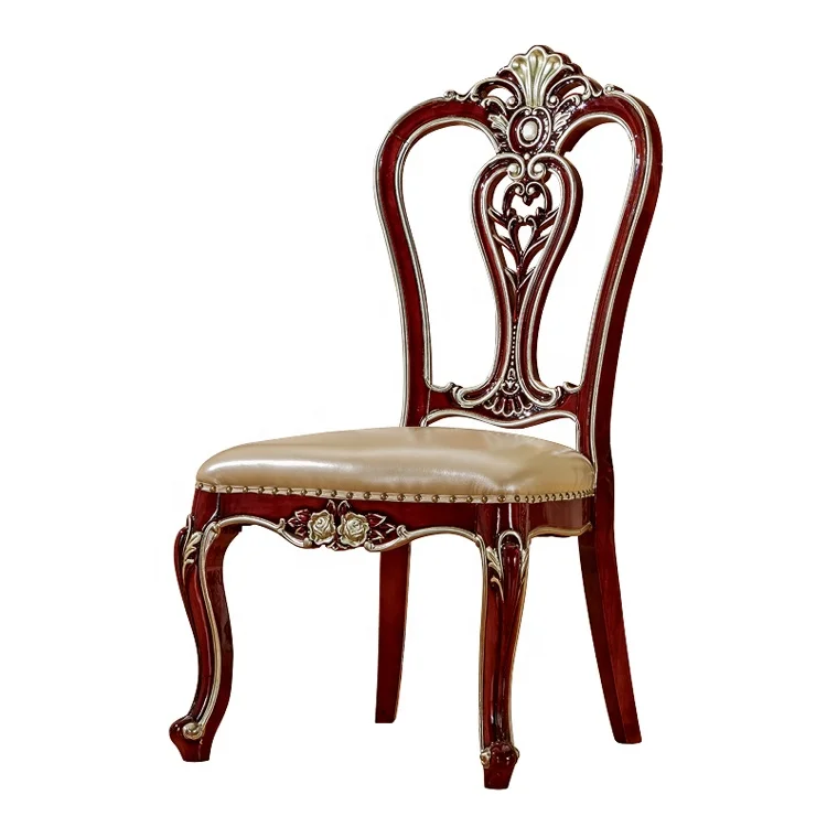Luxury Home Furniture Solid Wood Dining Room Chair European Design High Back Wooden and Leather Antique Dining Chair 333065