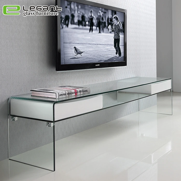 Grauer Gebogener Eck-tv-ständer Aus Glas / Moderner Tv-schrank