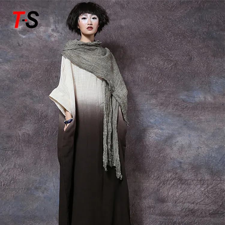 
Свободное длинное льняное платье макси с длинным рукавом 