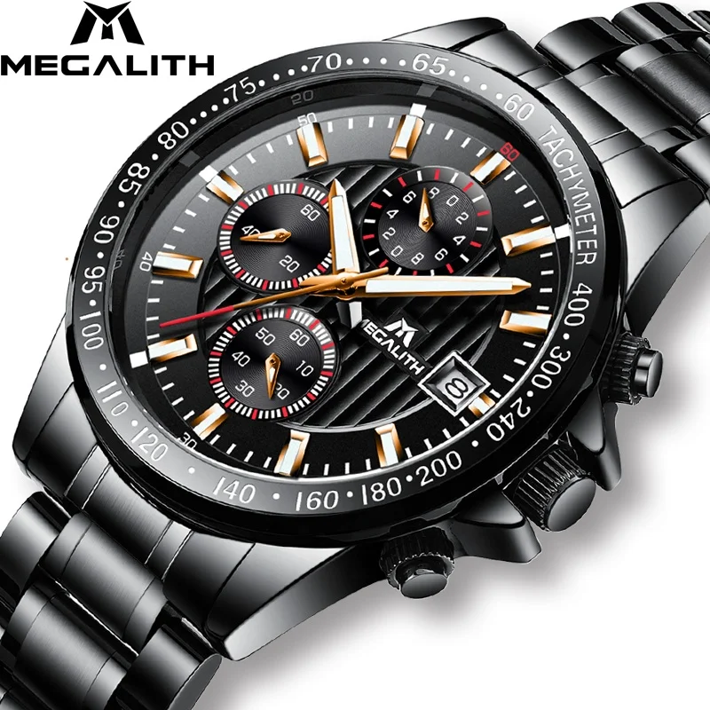 Megalith 8033 Luxury Business Chronograph Wristwatch Stainless Steel Quartz Waterproof