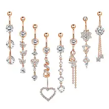 Set 8 14G 316L Stainless Steel Dangle Belly Button Navel Ring Clear Zircon Inlay Body Piercing Jewelry for Women's Wedding