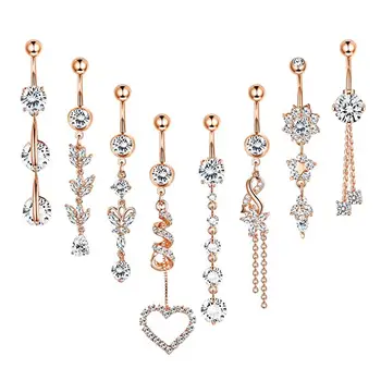 Set 8 14G 316L Stainless Steel Dangle Belly Button Navel Ring Clear Zircon Inlay Body Piercing Jewelry for Women's Wedding
