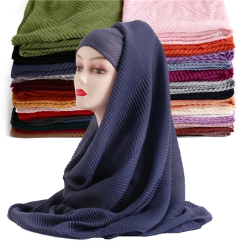 Wholesale Large Size Solid Color Plain Muslim Women Wrinkle scarf Shawls Islamic Pleated Cotton Crinkle Hijab Scarf